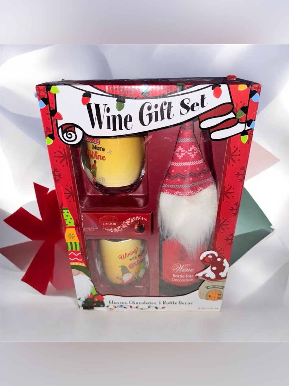 NWT’s Wine Gift Set with Festive Gnome Bottle Top & Yellow Glasses